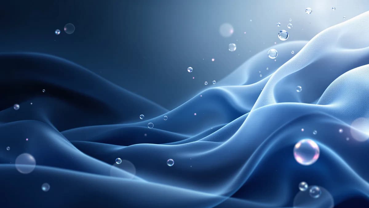 Abstract flowing fabric textures with cool blue and gray tones, geometric shapes, and luminous water elements representing fabric care science.