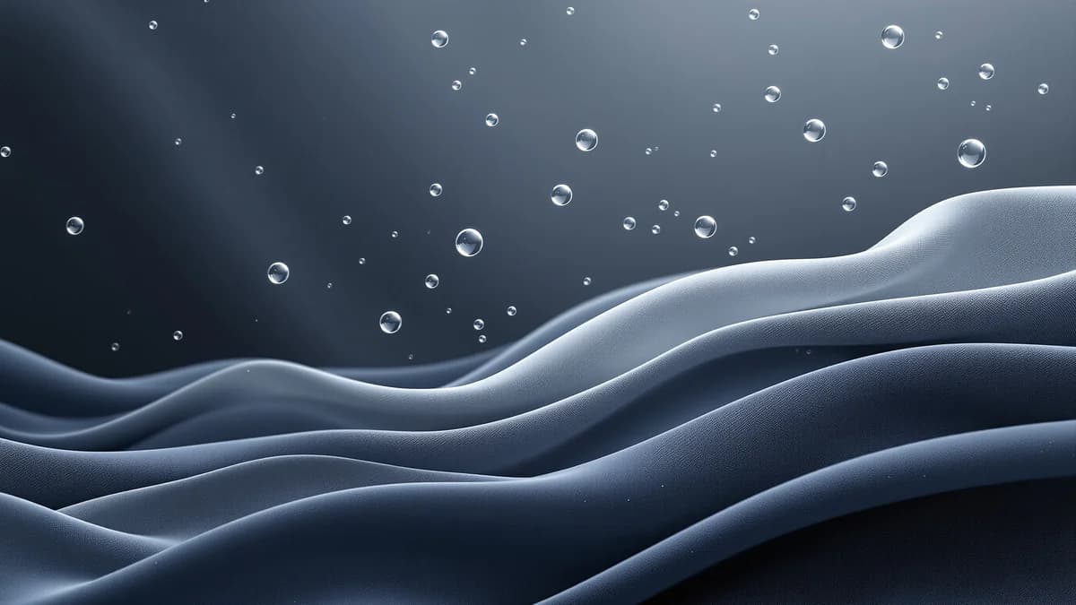 Abstract layered fabric textures with suspended water droplets and rim lighting against deep navy and charcoal background, suggesting careful textile care.
