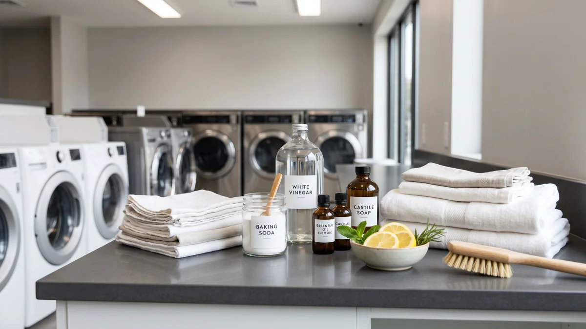 Natural stain removal supplies arranged on clean laundromat counter with vinegar, baking soda, fresh linens, and eco-friendly products.