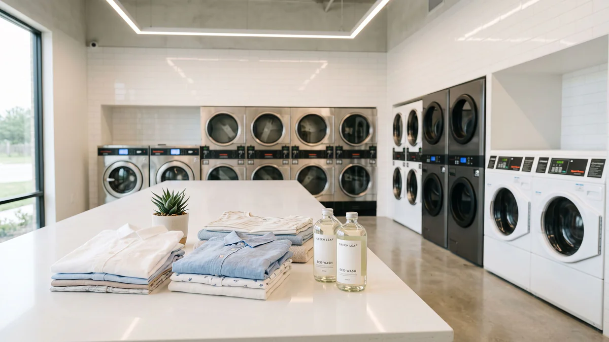Modern laundromat interior with front-load washers, folded summer clothes, eco-friendly detergent bottles, and green plant accents on clean charcoal surfaces.