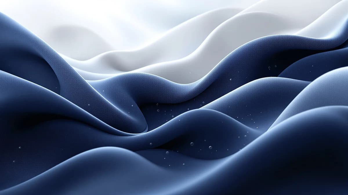 Abstract flowing fabric forms with water droplets and soft lighting in navy and grey tones, representing gentle polyester care.