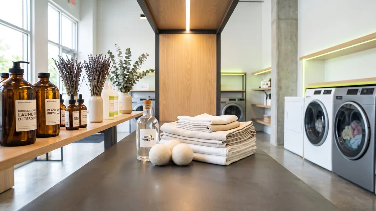 Natural fabric softener alternatives displayed on charcoal surface: vinegar bottle, wool dryer balls, and folded linens with eco-friendly accent lighting.