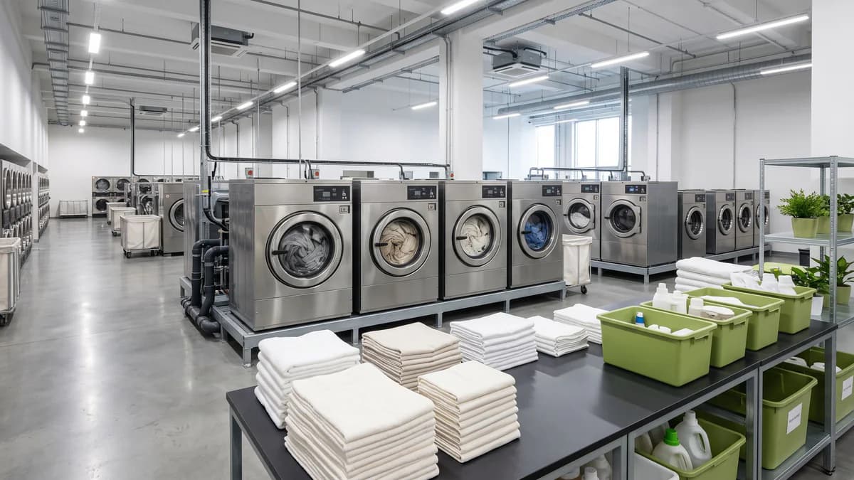 Organized commercial laundry facility with rows of washers, neatly folded linens on charcoal surfaces, lime-green storage bins, and bright overhead lighting.