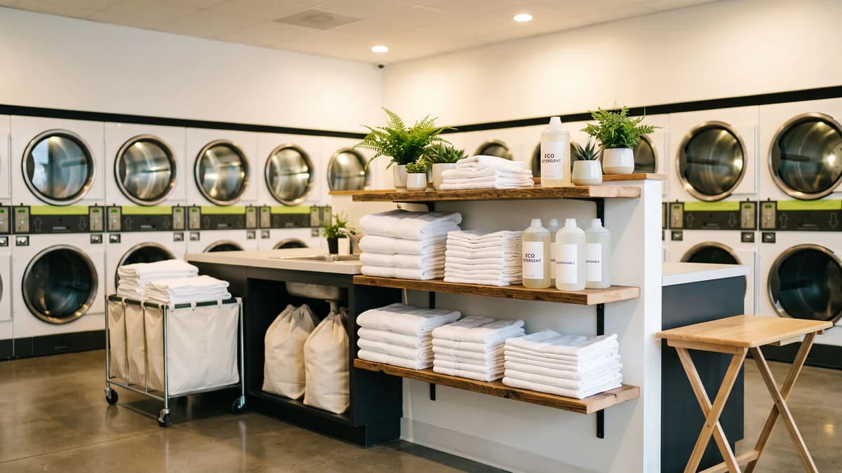 Stacked white linens on charcoal surface in bright modern laundromat with lime-green accents and front-load washers visible