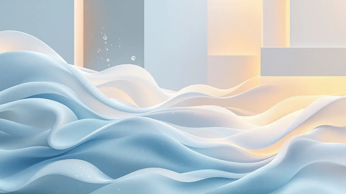 Abstract composition of flowing detergent mist and light rays through geometric planes, suggesting fresh laundry and fabric care in soft blue and white tones.