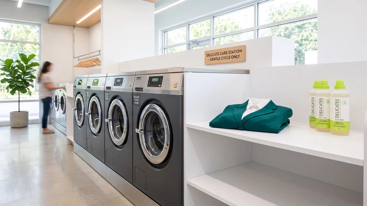 Clean modern laundromat with delicate care station, folded polyester garment, eco-friendly detergent bottles, and green plant accent.