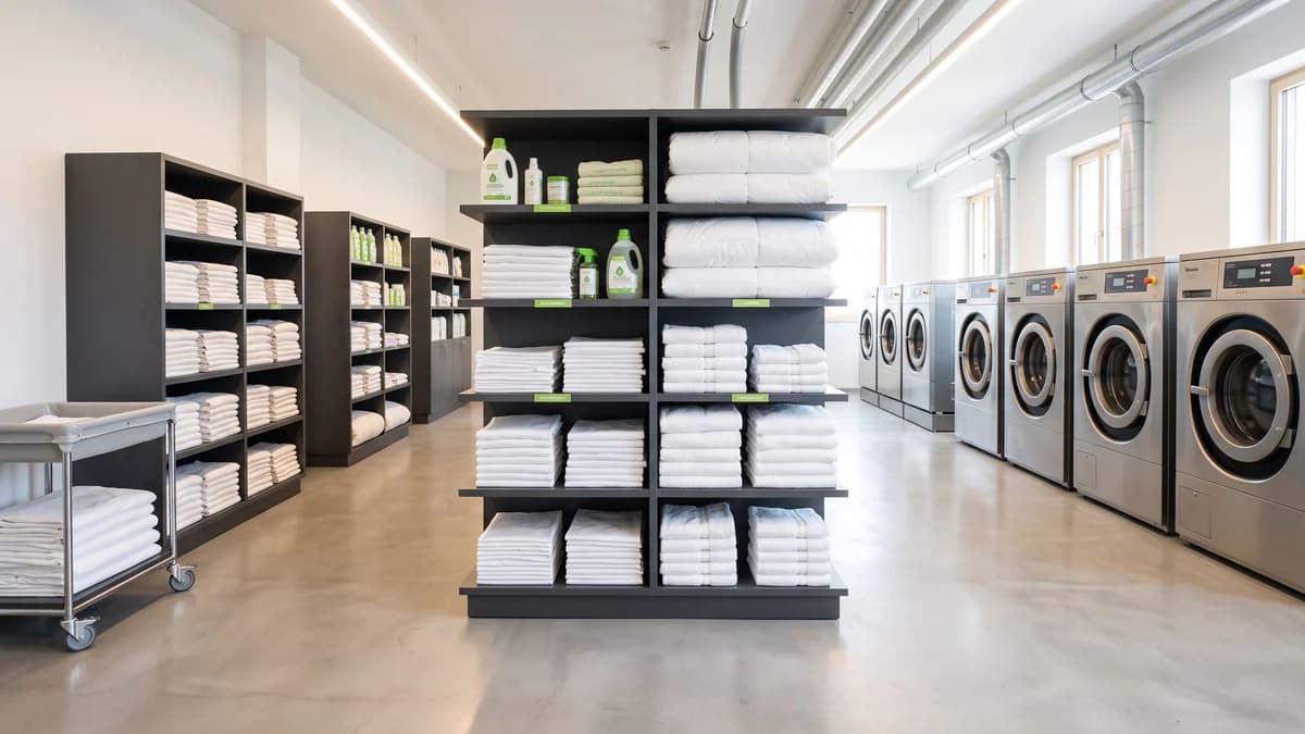 Organized hotel laundry room with stacked white linens, folded towels, and industrial washers in bright, clean facility.