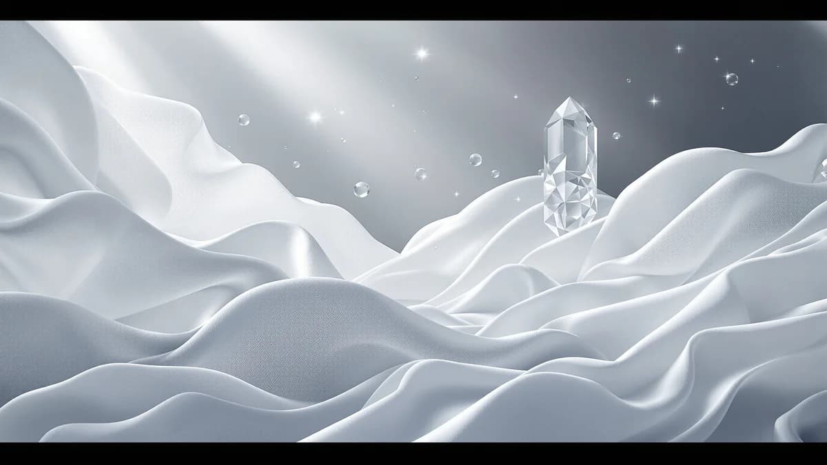 Abstract layered fabrics with crystalline geometric forms and soft volumetric light rays creating a fresh, ethereal composition in whites and cool grays.
