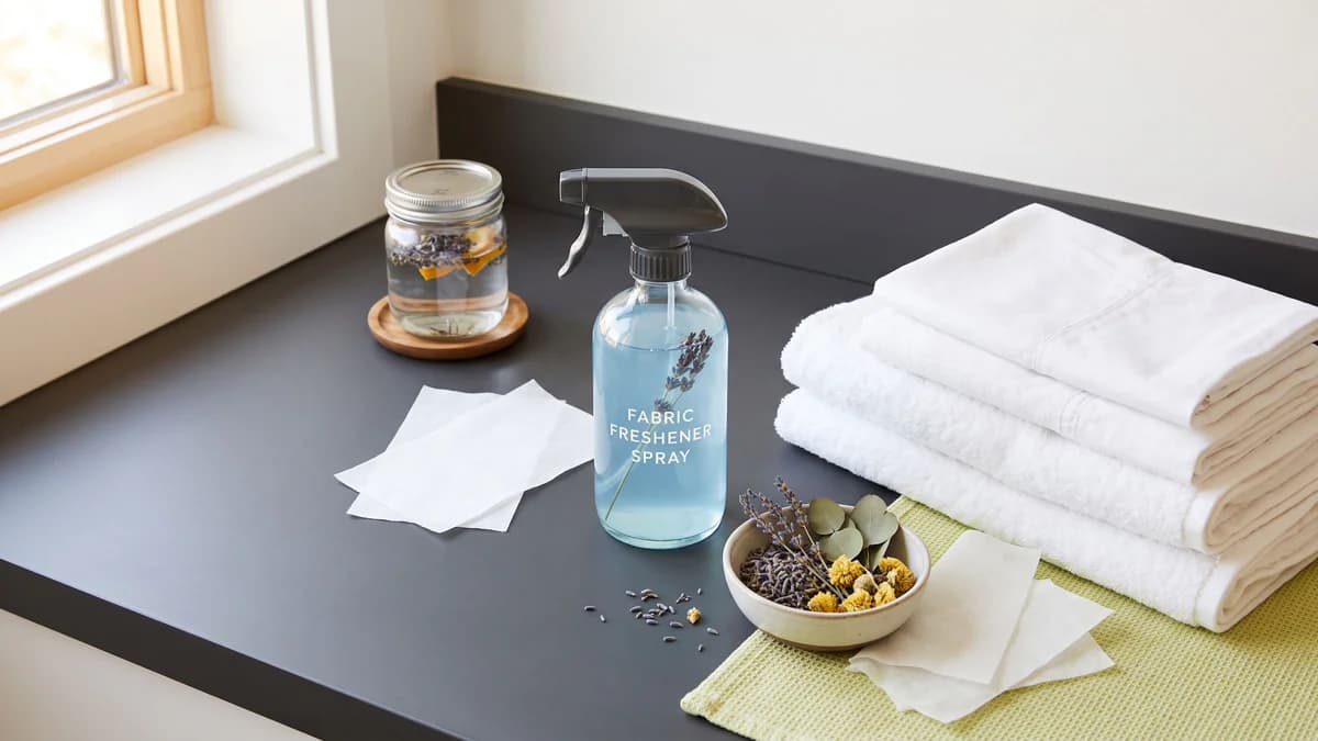 Fabric softener spray bottle, folded linens, dryer sheets, and dried flowers arranged on charcoal surface with lime-green accents in bright natural light.