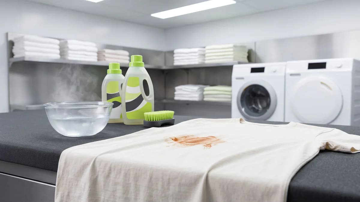 Laundry treatment setup: stained light fabric on charcoal surface with enzyme detergent bottles and cold water, bright clinical lighting.