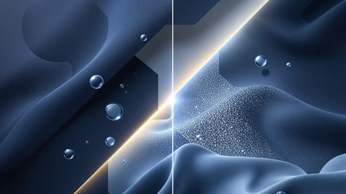 Abstract geometric composition with navy and charcoal fabric textures, glowing accent elements, and flowing liquid forms representing stain removal transformation.