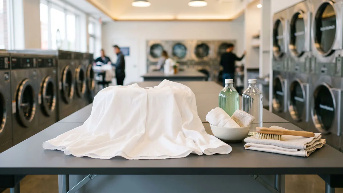 Professional fabric care station in modern laundromat with white garment, stain removal supplies, and treatment bottles on charcoal surface.