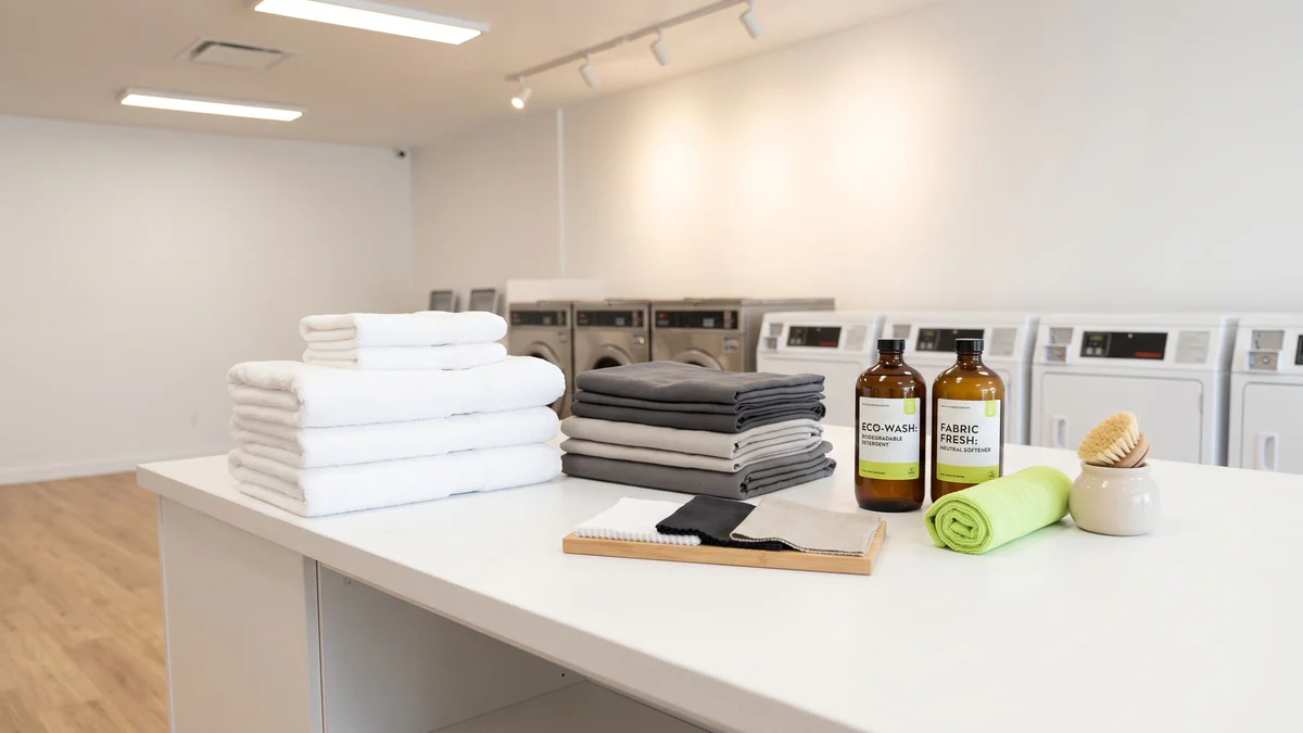 Organized laundry care workspace with folded fabrics, cleaning supplies, and lime-green accents on bright surfaces.