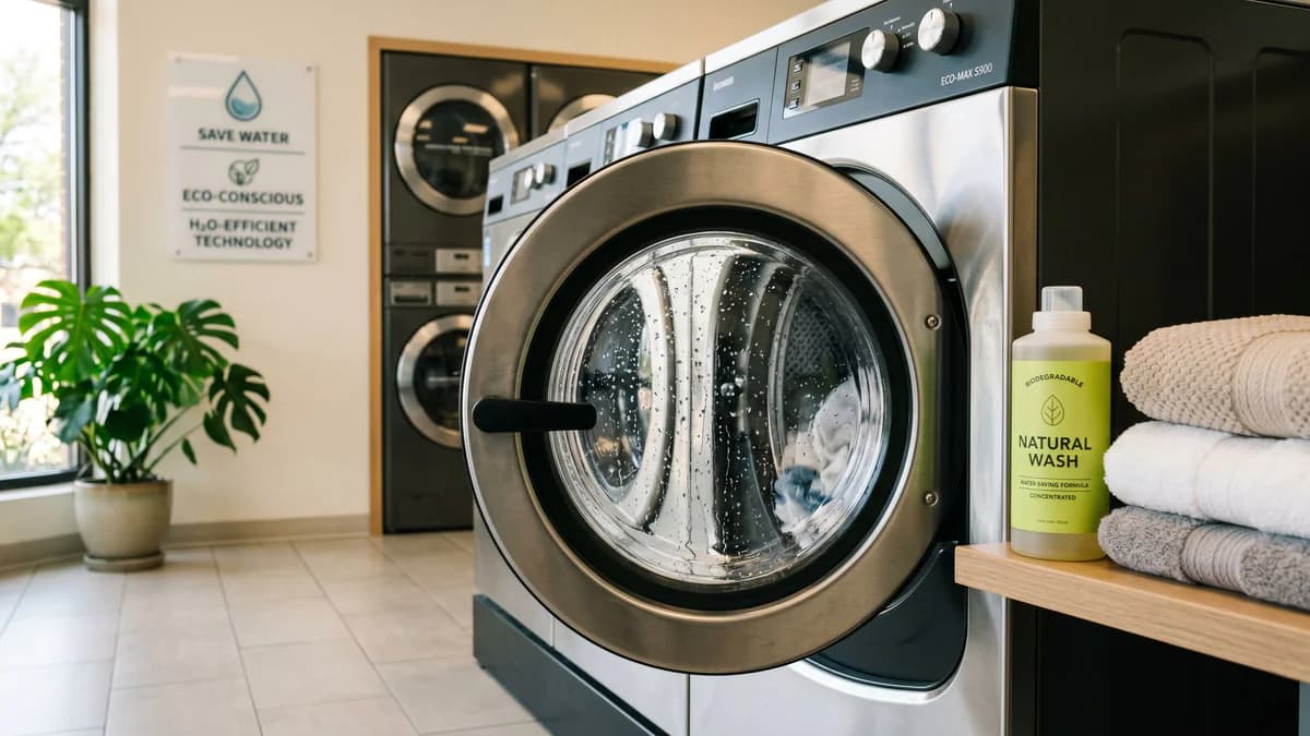 Modern front-load washer with water droplets in bright laundromat, biodegradable detergent bottle, fresh folded laundry, and potted plant.