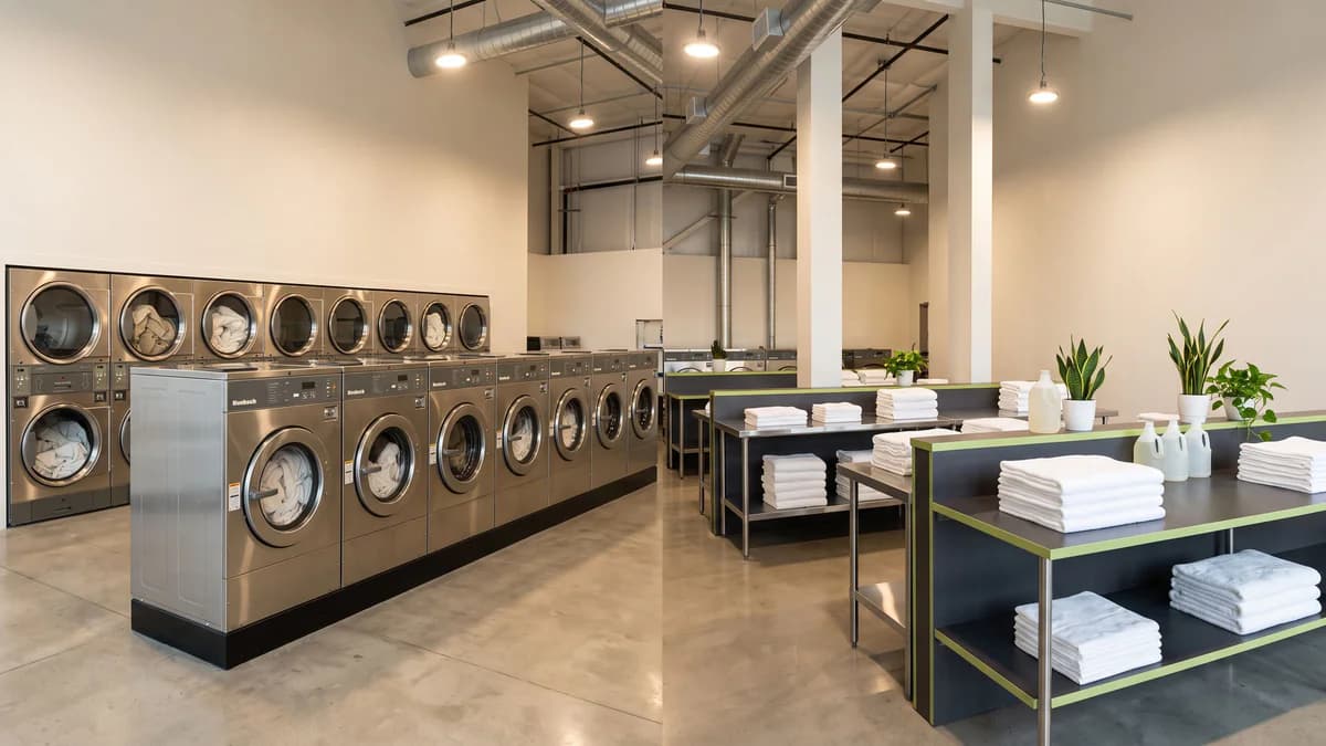 Modern laundry facility interior showing industrial washers on left, folded linens with lime-green accents on right, emphasizing clean, efficient operations.
