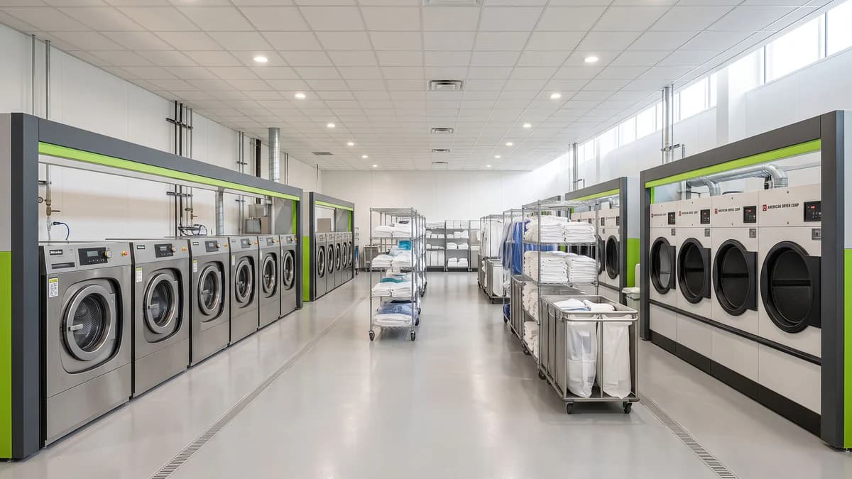 Clean medical laundry facility with rows of commercial washers, folded white linens, stainless steel surfaces, and charcoal equipment accents.