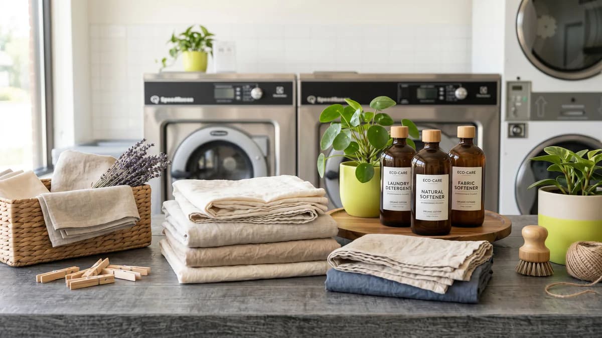 Fresh folded natural fabrics with eco-friendly laundry products, plants, and wooden accessories on a charcoal surface in a modern laundromat setting.