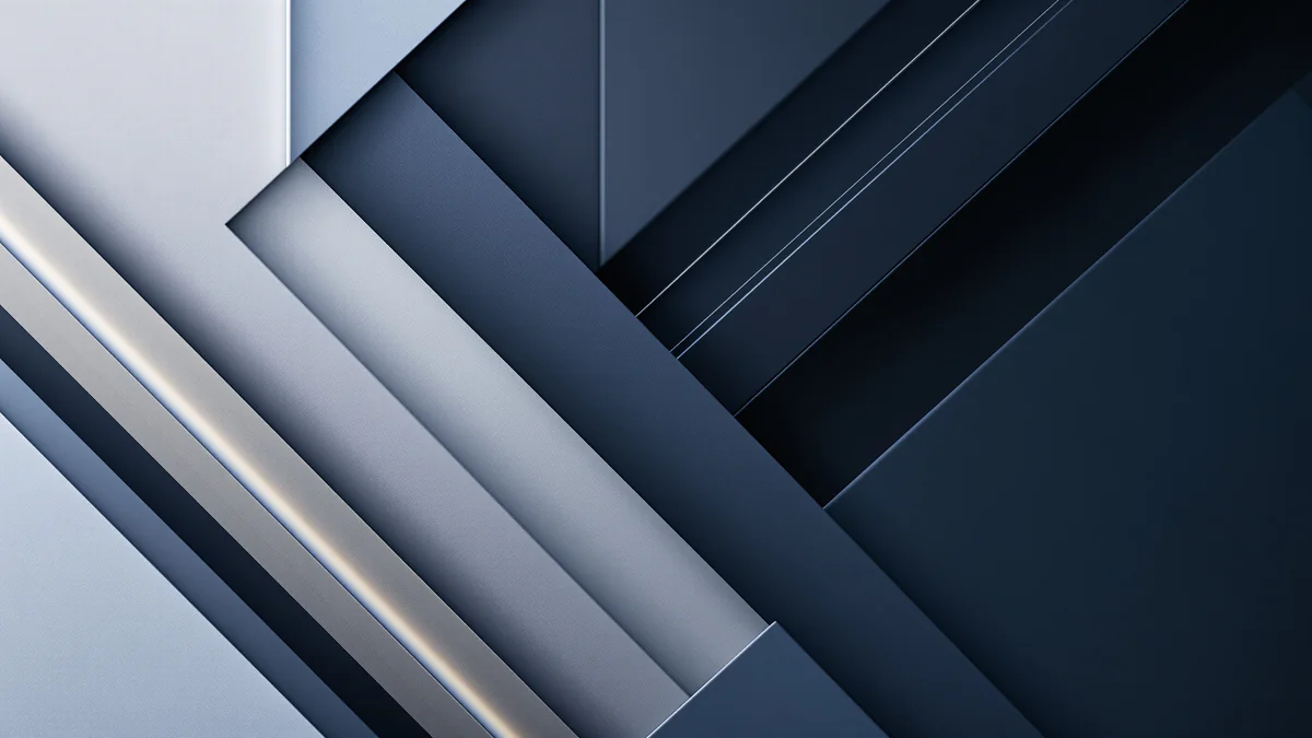 Abstract geometric shapes in navy and gray representing technical installation systems with clean lines and layered depth.