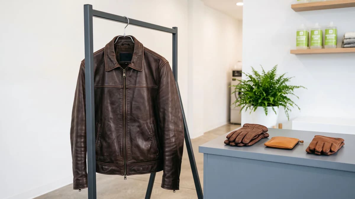 Premium leather jacket on charcoal garment rack in modern cleaning facility with eco-friendly products and green plant accent.