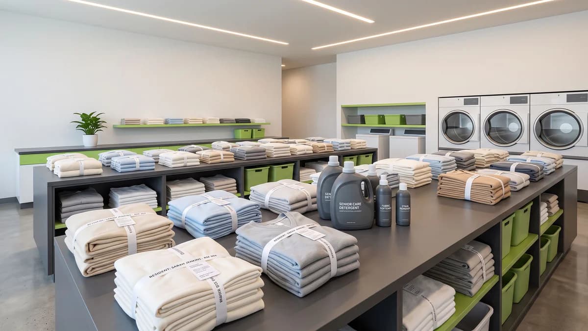 Organized folded linens and senior care garments with detergent bottles in a bright, modern laundry facility with lime-green accents.
